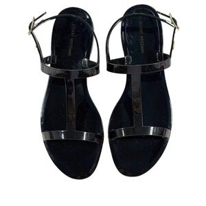Stuart Weitzman Jelly T-Strap Sandals Black Gold Logo Ankle Strap Women's Size 8